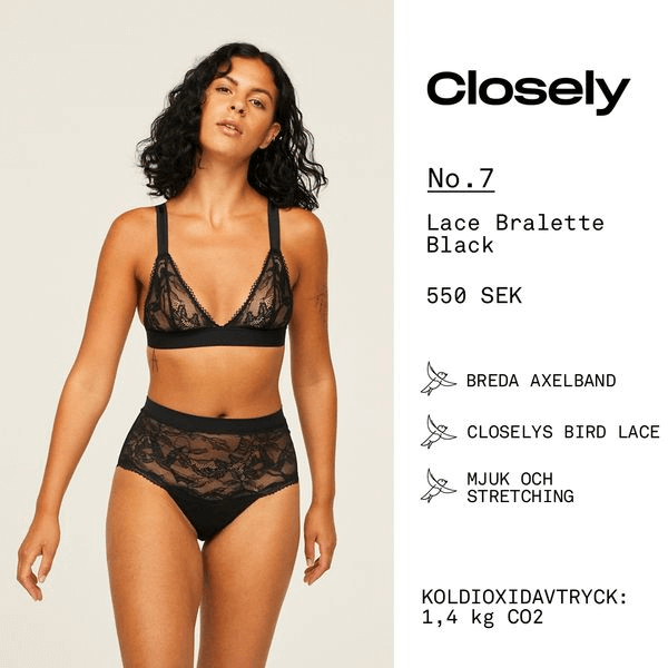 Closely ad example showing a woman wearing a lace bralette in black