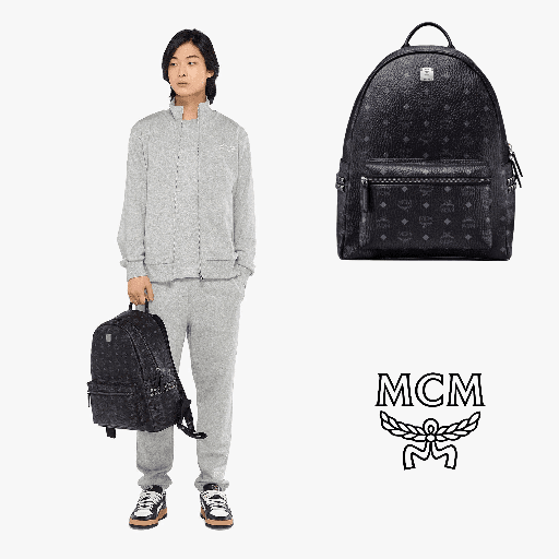 MCM catalog ad example with model and backpack