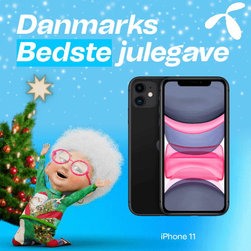 iPhone 11 ad example showing a cartoon old woman and christmas tree