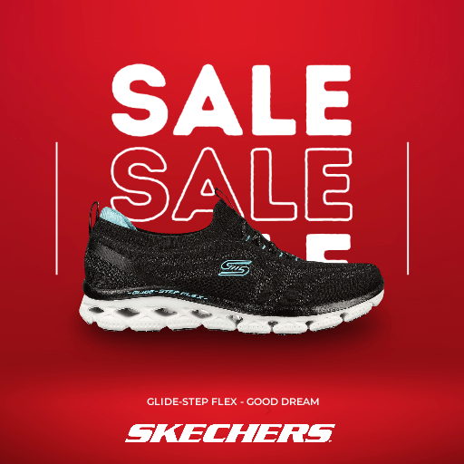 Sketchers sales catalog ad example showing shoe against red background