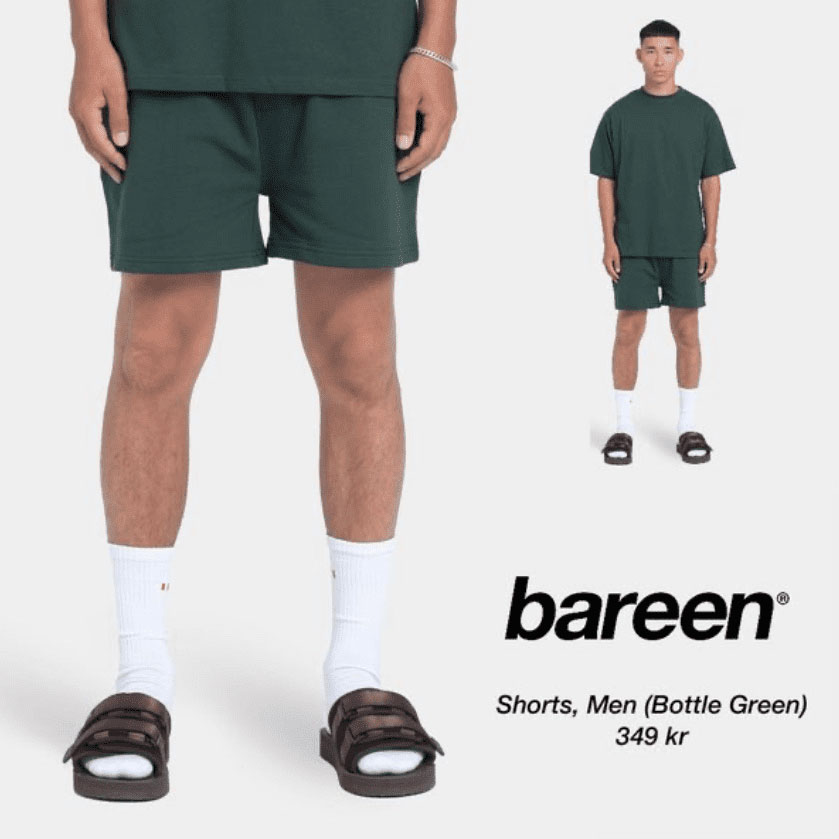 bareen men's short catalog ad example with model