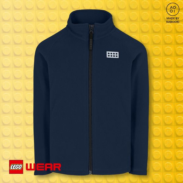 LEGO wear catalog ad example showing black zip up sweater against yellow lego background