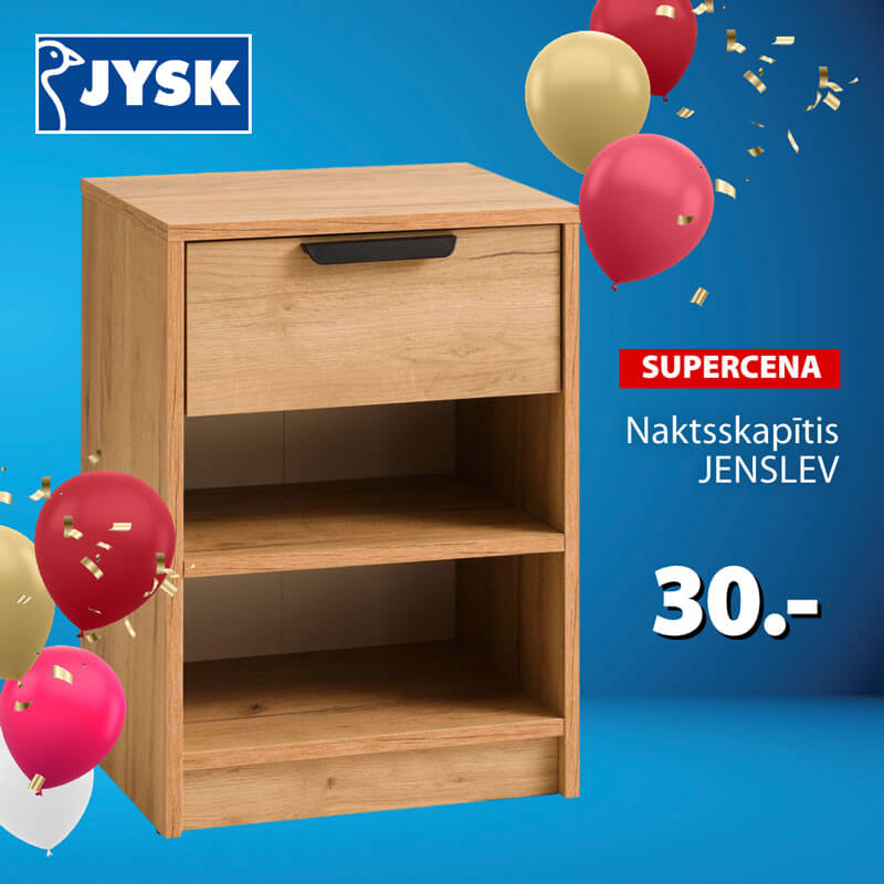 JYSK ad example showing wood bedside table with drawer